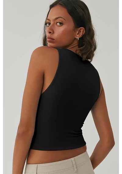 Tarz Cool Kadın Atlet Düz Basic Crop Kolsuz T-shirt Siyah