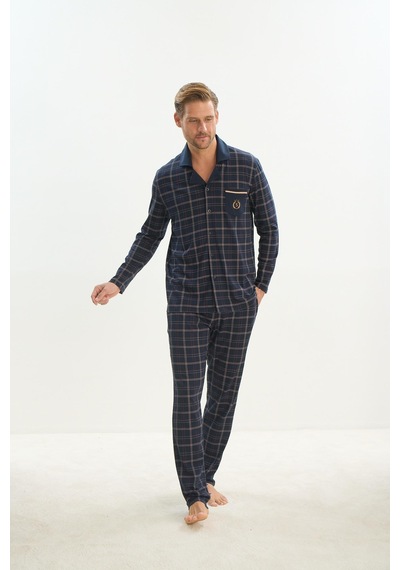 Sevim Erkek Uzun Kol Gömlek Yaka Önden Düğmeli Lacivert Pijama Takım C5t3n5o9 001