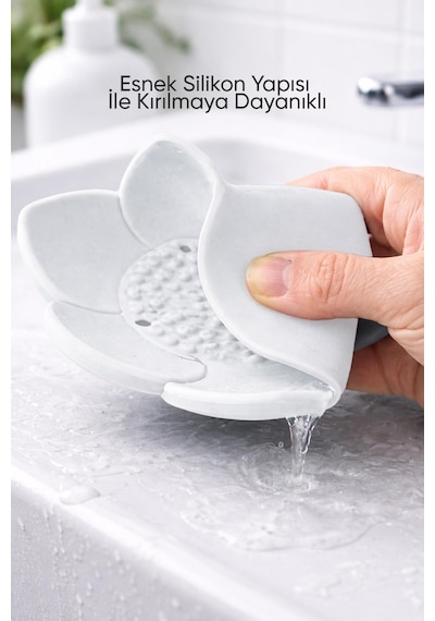 2'li Beyaz Lotus Desenli Silikon Sabunluk Su Giderli Katı Sabun Ve Sünger Organizer Diğer