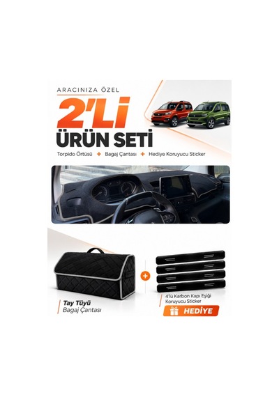 Peugeot Rifter 2018-2026 Uyumlu Torpido Örtüsü + Tay Tüyü Bagaj Çantası + Sticker Seti - Siyah Gri