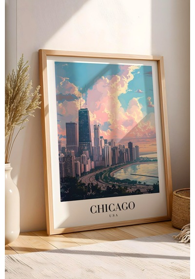 Chicago Usa Vintage Seyahat Posteri Çerçeveli Tablo - Premium City Skyline Elit Duvar Dekoru Kayın