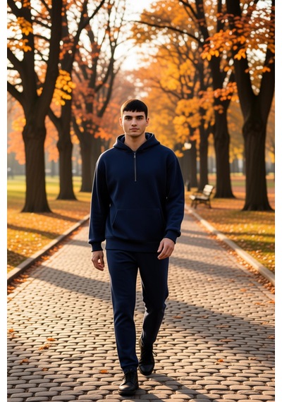 Benerly Erkek Kapüşonlu Fermuarlı Düşük Kol Uzun Kollu Kalıp Sweatshirt F Lacivert