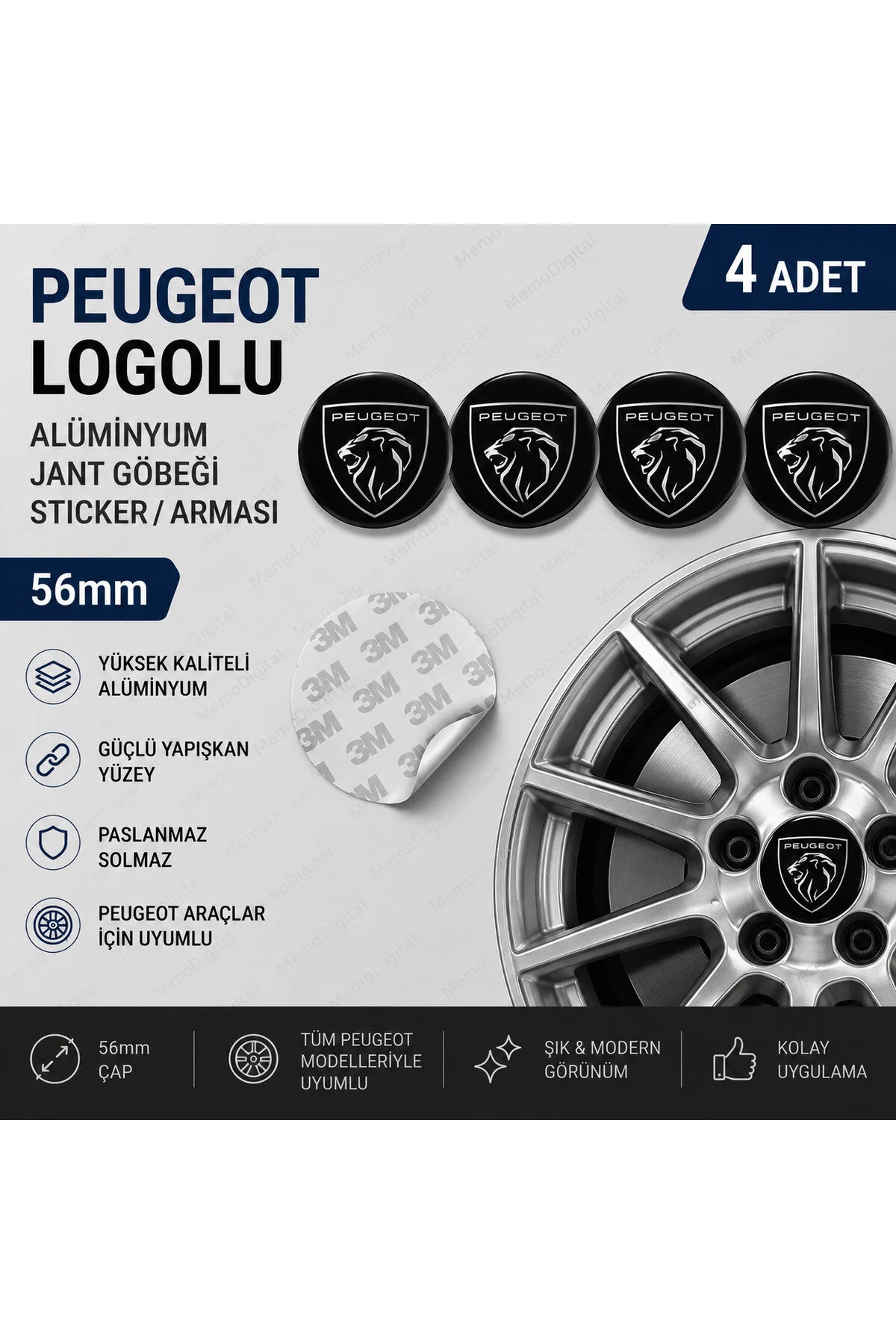 Peugeot Logolu Alüminyum Jant Göbeği Arma Sticker 56mm - 4 Adet