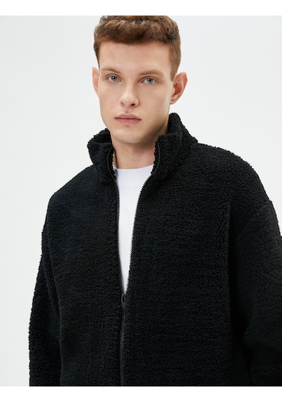 Koton Peluş Sweatshirt Fermuarlı Dik Yaka Yumuşak Dokulu Siyah 4wam70437mk Siyah