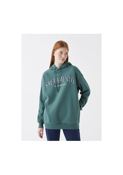LC Waikiki Baskılı Uzun Kollu Oversize Kadın Hoodie Yeşil