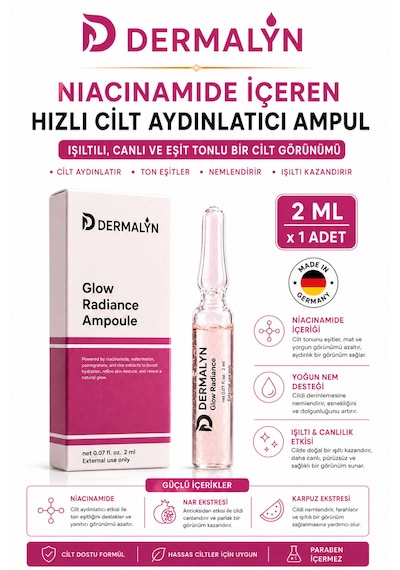Dermalyn 1 Adet Niacinamide İçeren Hızlı Cilt Aydınlatıcı Glow Etkili Nemlendirici Ampul Serum Dermaroller