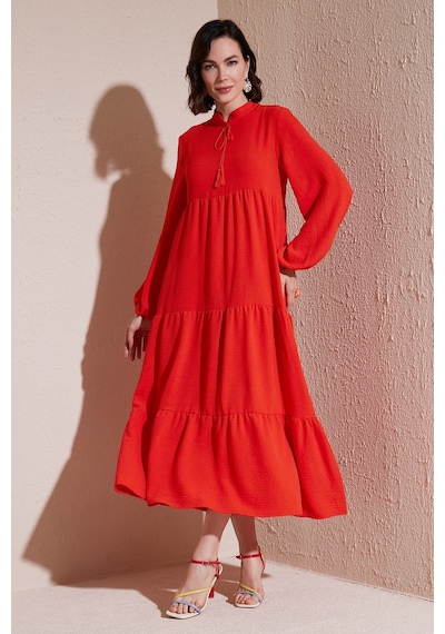 Lela Modest Regular Fit Dik Yaka Uzun Bayan Elbise 611El545 Oranj