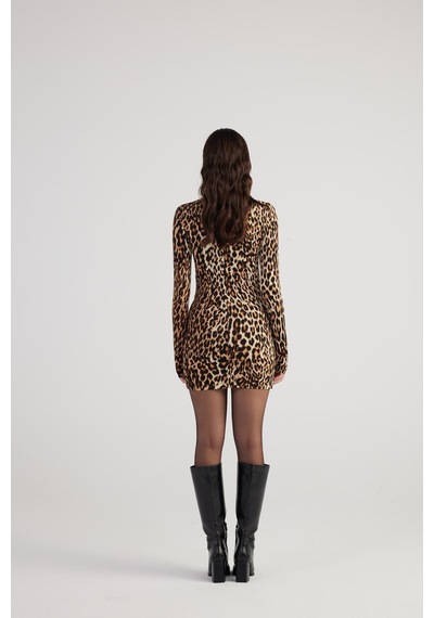 Holly Lolly Leopar Desenli Balıkçı Yaka Mini Britney Elbise Kahve