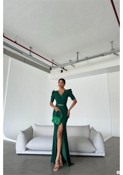 DefyModa Kadın Kruvaze Yaka Yırtmaçlı Maxi Uzun Kollu Abiye Elbise Zümrüt