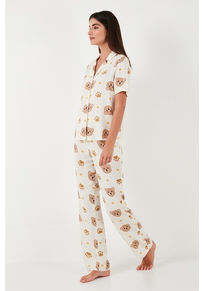 Lela Rahat Kesim Bol Paça Mono Yaka Kısa Kollu Bayan Pijama Takımı 6110290 Bej