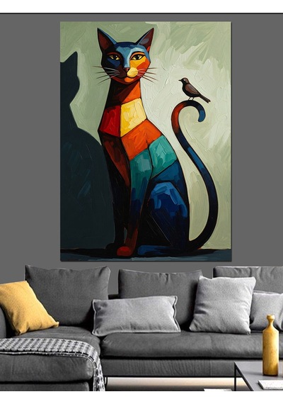 Geometrik Renkli Modern Kedi Tablosu Dekoratif Kanvas - Mdf Ahşap Tablo
