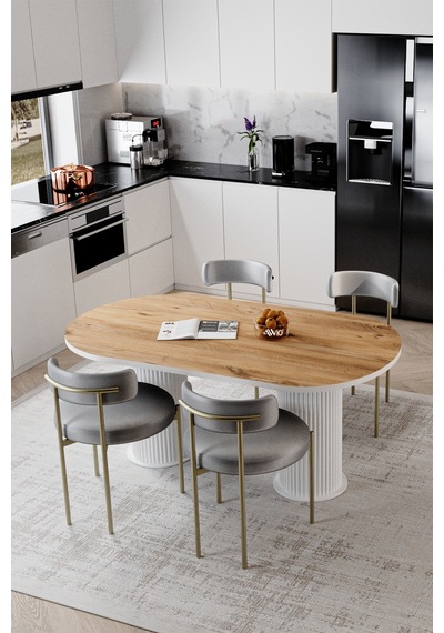 Avvio Eliza Beyaz Ptt Ayak 80x160 Yemek Masası Mutfak Masası Masa Sandalye Takımı Kadife Kumaş Akça
