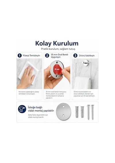 İris Krom Kaplama Kare Havluluk, Yapışkanlı Ve Vidalı Montajlı Banyo Havlu Askısı, 35 Mm Oval Bantlı Diğer