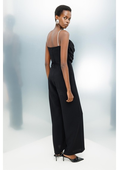 Moda İlgi Kadın Drape Detaylı Askılı Tulum M06657 Siyah Siyah