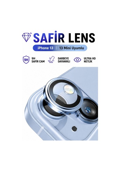 Apple iPhone Uyumlu  13 / 13 Mini Sierra Mavi Metal Kamera Lens Koruyucu Safir Cam Ultra Net Hd