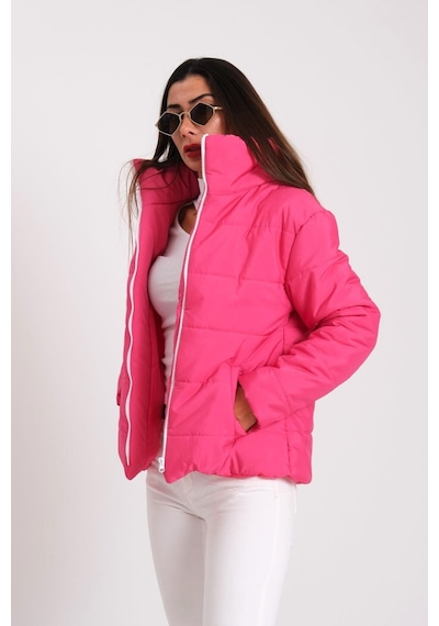 Keyifli Moda Kadın Fuşya Dik Yaka Su Geçirmez Tasarım Şişme Mont-fuşya Fuşya