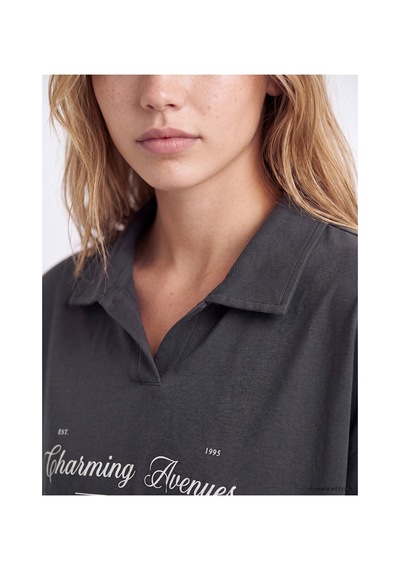 Lcw Young Antrasit Polo Yaka Baskılı Kadın Pijama Takım