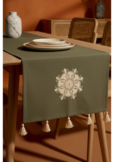 Haki Dantel Motifli Runner 50x130 Cm