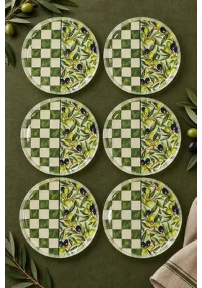 6'lı Cam Tatlı Tabağı - Zeytin Dalı Ve Dama Desenli 16 Cm - 6 Adet Pasta Tabak Yeşil