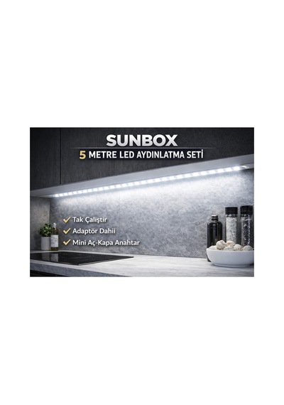 Mutfak Dolabı Tezgah Üstü Için 5 Metre Beyaz Şerit Led Işık Adaptörlü Anahtarlı Tak Çalıştır Beyaz Beyaz