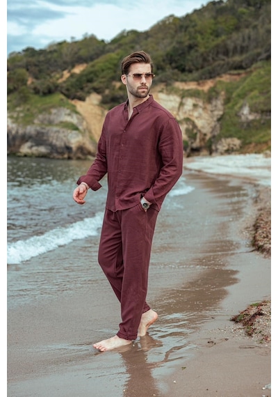 Madmext Bordo Rahat Kesim Keten Erkek Gömlek Pantolon Takım E7362