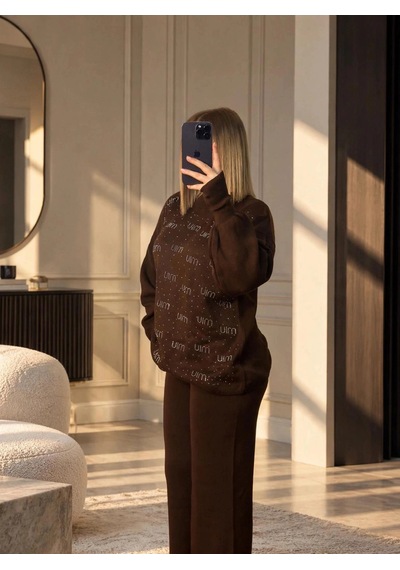 Elora Atelier Taş Detaylı Kahverengi Triko Takım