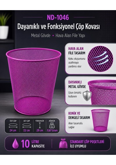 Need Tam Delikli Metal Fileli Mor Çöp Kovası - Nd-1046