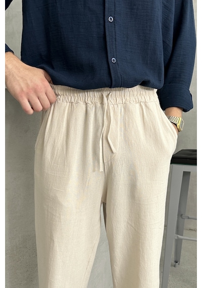 Erkek Beli Lastikli Baggy Kalıp Keten Pantolon Beyaz