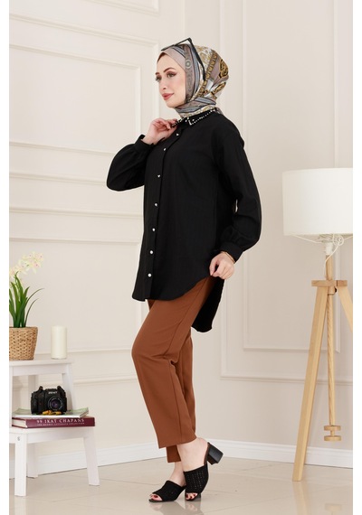 Sevitli Taş Detaylı Hilal Tunik-siyah-4952 Siyah