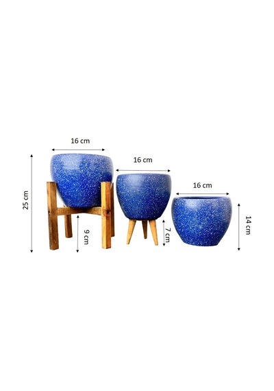 Bitki Tasarımı Ev Dekorasyon Lacivert Granit Toprak Saksı Saksılık Salon Çiçeklik Üçlü Set - 15 CM
