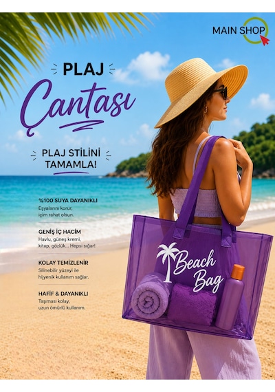 Mainshop Mor Şeffaf Beach Bag Kadın Plaj Çantası Büyük Hacimli M-plj01