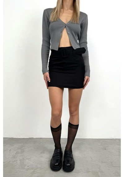 Black Fashion Kemerli Mini Etek Siyah