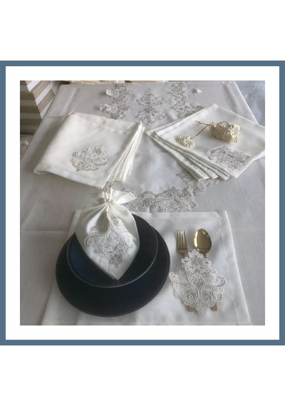 Buradabulabilirsin Sofra Takımı Mimoza Gardenya Keten Yemek Takımı 160x260 Masa Seti 26 Parça Runner Set Kreme Gold Bbz