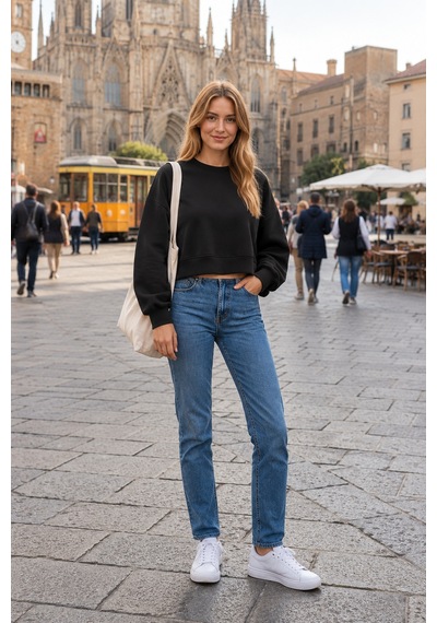 Luxıc Core Kadın Crop Bisiklet Yaka Sweatshirt Pamuklu Yumuşak Dokulu Günlük Spor Sweatshirt Siyah