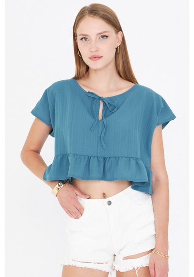 Armonika Kadın Petrol Yarasa Kol Yakası Bağlamalı Eteği Fırfırlı Oversize Crop Bluz Arm-24y001088