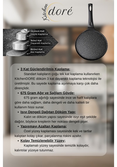 Döküm Krep Tavası Yapışmaz Yüzeyli 3 Katmanlı Kaplama Siyah
