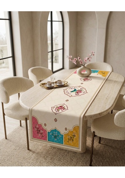 Kuş Ve Çiçek Desenli Runner + 4 Lü Kırlent Kılıfı Kombin Set 45 x 45