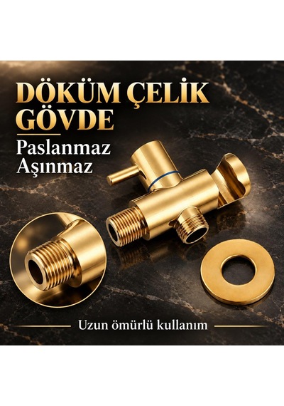 Valkyrie Altın Taharet Musluğu Seti Spiral Hortumlu El Duşu Paslanmaz Çelik Duvara Monte