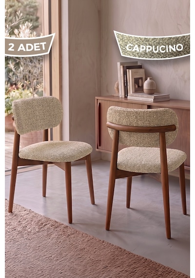 Onex Serisi 1.sınıf Ahşap İskelet 2 Adet Bukle Kumaş Mutfak Sandalyesi Cappucino Sandalye Ceviz İskelet