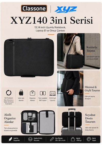 Classone 3in1 Serisi Xyz140 13,14 İnch Uyumlu Tablet, Laptop El Ve Omuz Çantası Siyah