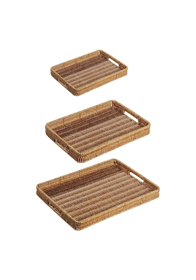 3 Lü Rattan Tepsi Dekoratif Tepsi Hasır Örme Tepsi Açık Krem