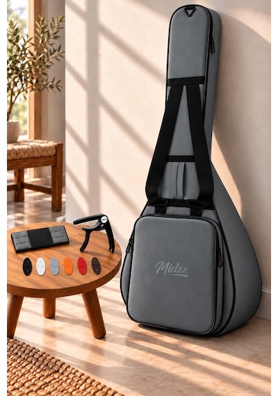 Midex CS-122 Uzun Sap Saz Bağlama Gigbag Çantası Kılıfı Kalın Soft Case (Kapo + 6 Adet Mızrap + Mızrap Cüzdanı)