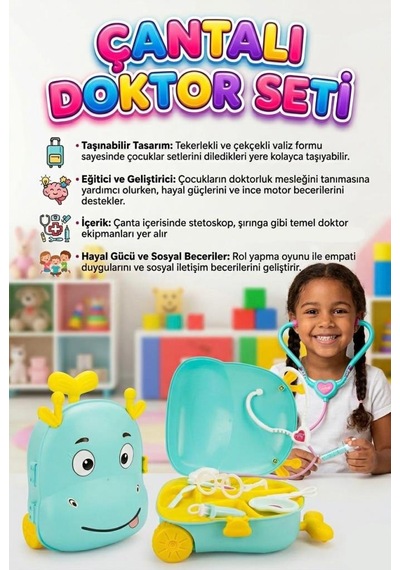 Valizli Doktor Seti 7 Parça Doktor Aletli Hayvan Figürlü Taşınabilir Tekerlekli Çantalı Oyun Seti Turkuaz 1