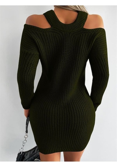 Aqe Fashion Kadın Omuzu Açık Uzun Kollu Midi Boy Tam Kalıp Haki Triko Elbise Haki