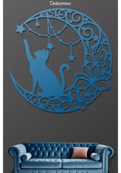 Floral Hilal Ve Kedi Silüeti Dekoratif Metal Tablo - Metal Duvar Sanatı - Mavi - 50 X 50 Cm