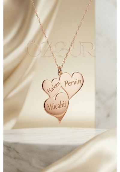 925 Ayar Gümüş İsimli 3 Kalpli Kolye Rose Gold