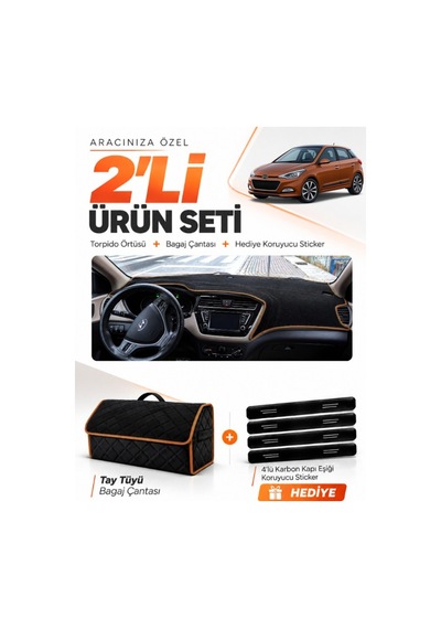 Hyundai İ20 2014-2020 Uyumlu Torpido Örtüsü + Tay Tüyü Bagaj Çantası + Sticker - Siyah Kahverengi
