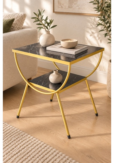 Sulorahome Gold Metal Yan Sehpa Bendir Siyah Mermer Desenli Siyah - Altın