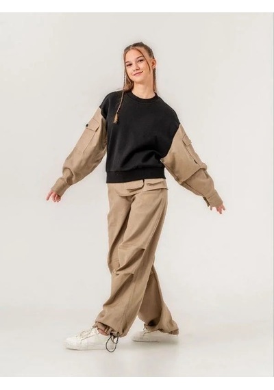 Kız Çocuk Gabardin Kol 2 İplik Sweatshirt-15170 Siyah