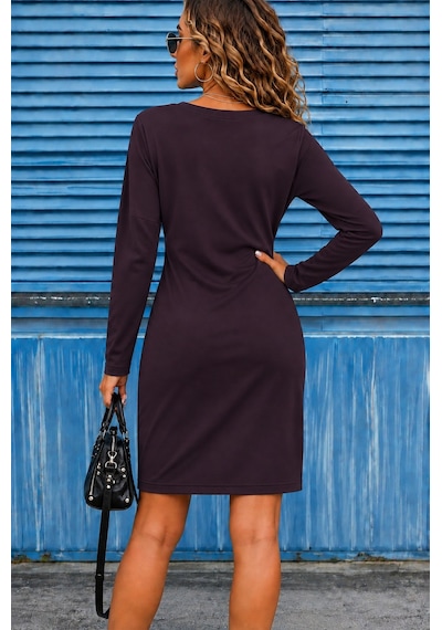 Suma Kadın Uzun Kollu V Yakalı Kısa Modal Elbise Mürdüm L-xl